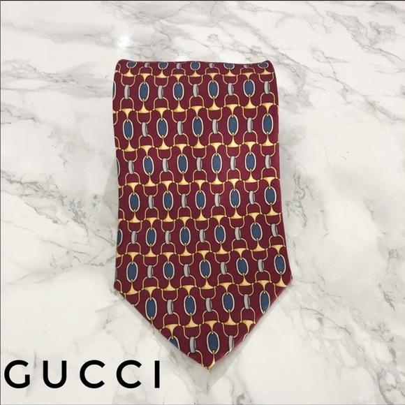 Gucci Vintage Red Blue Oval Print Horsebit Tie EUC - Picture 1 of 5